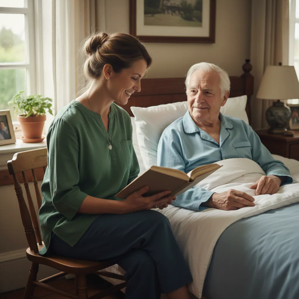 Eine Pflegekraft liest einem älteren Mann aus einem Buch vor
